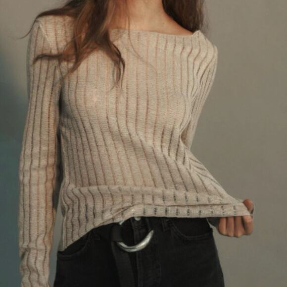 Anthropologie Tops - Anthropologie Pilcro Perfect Layering Tee S Beige Metallic Ribbed Knit Sparkle